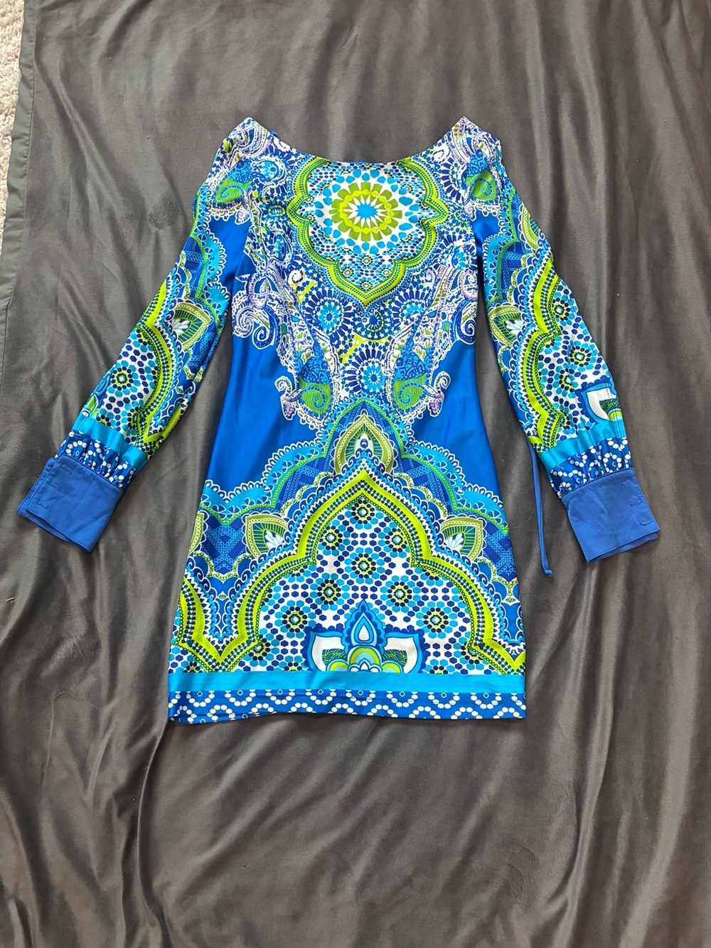 Arden B Blue and Green Printed Long-Sleeve Dress